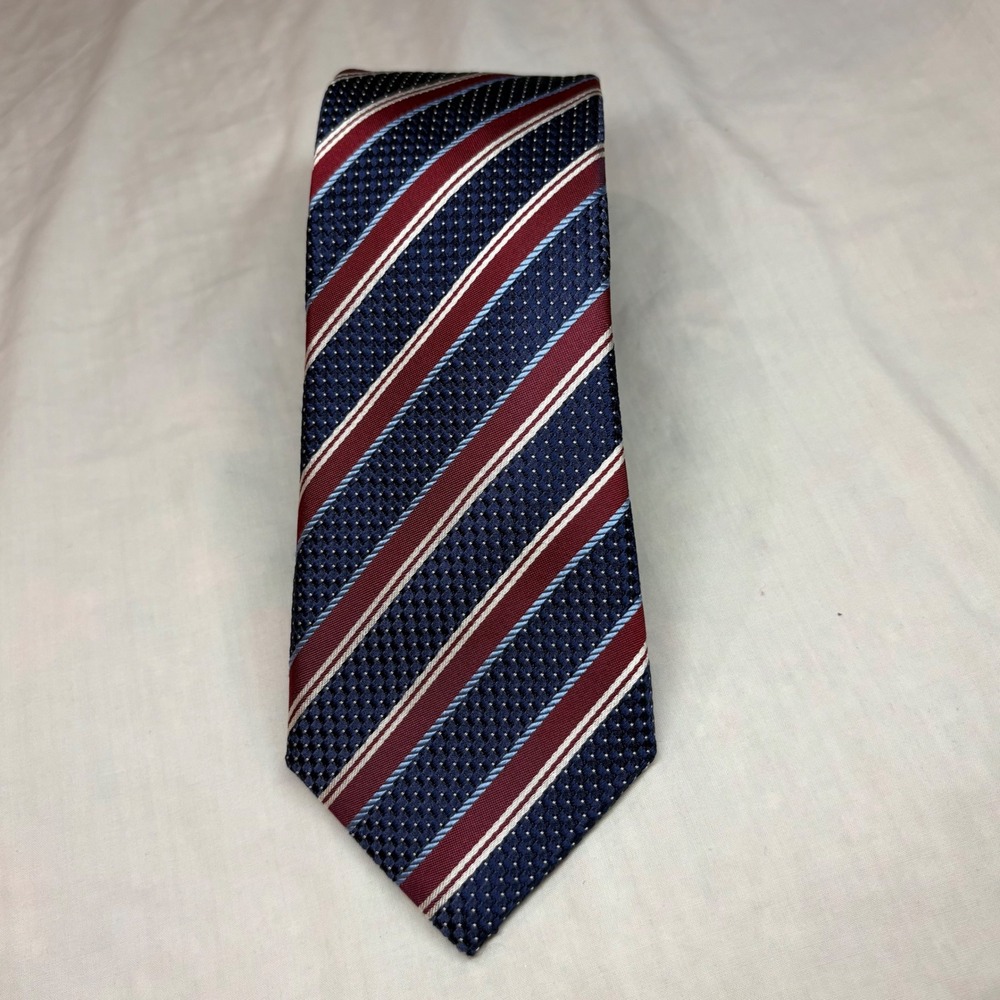 Canali 1934 Mens Silk Necktie Navy Blue Burgundy White Striped Made in Italy